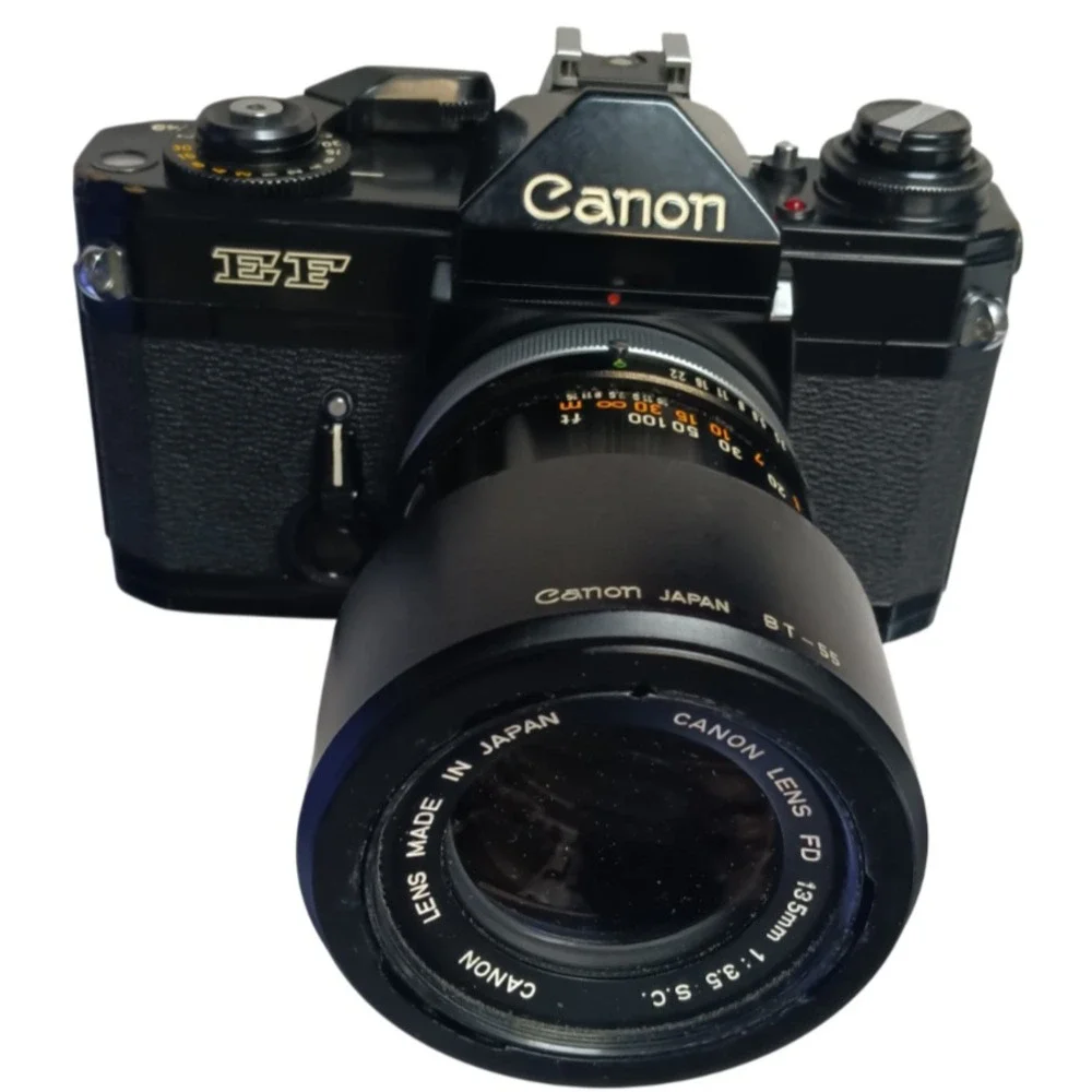 Vintage Canon EF SLR 35mm Film Camera with 135‎ mm Zoom Lens, Made in Japan
